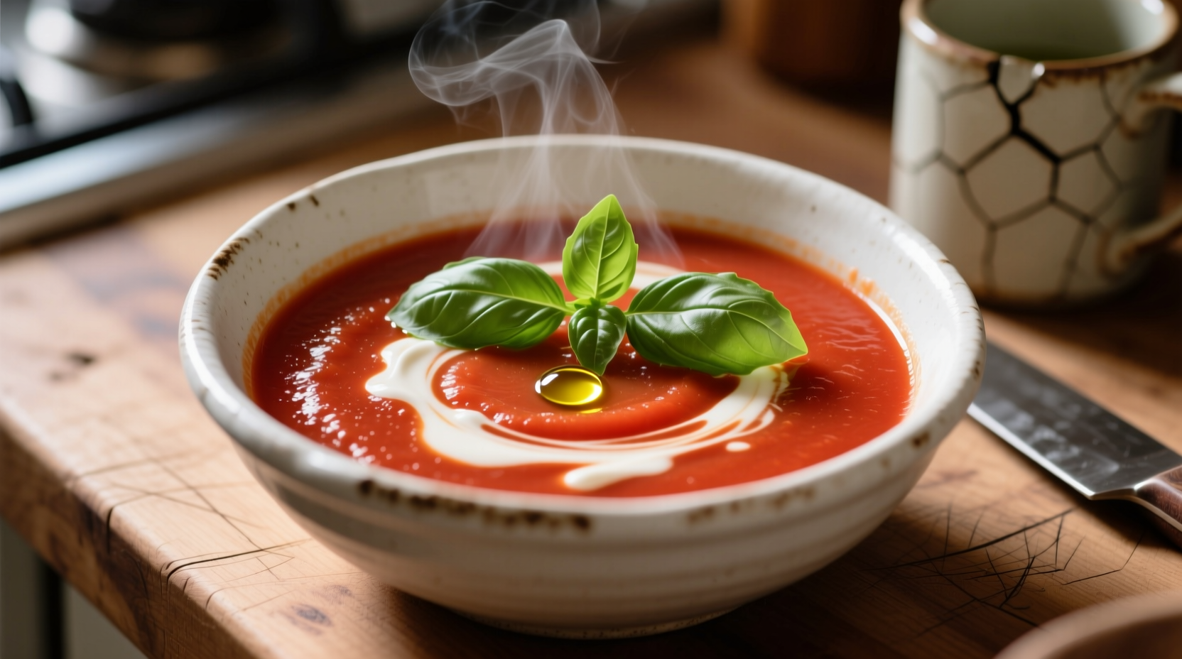 Homemade tomato soup in white bowl with fresh basil garnish