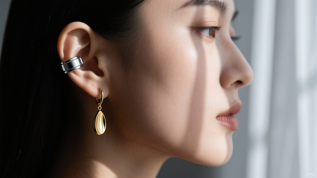Side profile showing a tension-fit silver ear cuff on the auricle paired with a 20-gauge gold drop earring in moody lighting