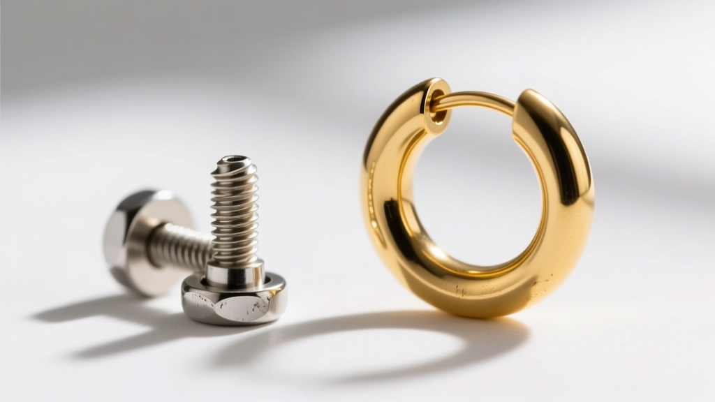 Macro shot comparing a standard 20-gauge friction earring post with a secure screw-back 18k yellow gold huggie hoop threading.