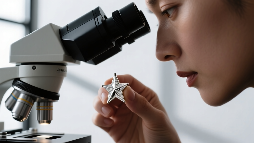 A jeweler inspects a 14k white gold star earring tip under a microscope to check for metal porosity and rhodium plating wear.