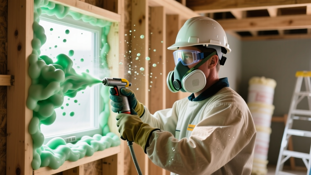 Close-up of a contractor wearing PPE spraying closed-cell polyurethane foam insulation into an open wood-framed wall cavity