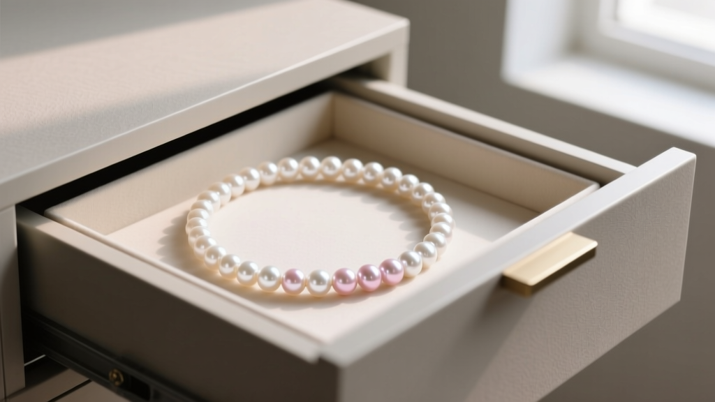 Open jewelry drawer showing a fashion pearl necklace laid flat in a lined compartment away from direct sunlight and tangled chains