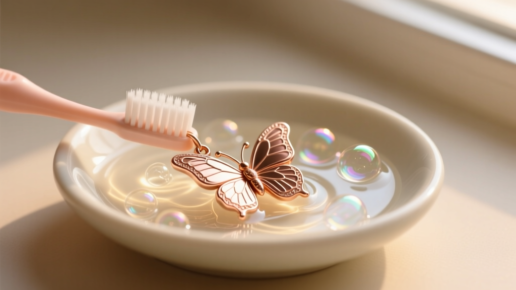 Soft-bristled baby toothbrush gently scrubbing intricate crevices of a rose gold butterfly pendant submerged in soapy warm water.