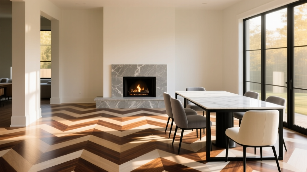 Sunlit dining room featuring a dark walnut and white oak chevron wood floor pattern leading toward a minimalist stone fireplace.