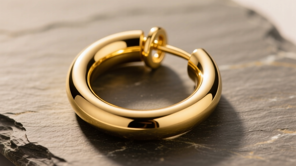 Macro shot of 14k yellow gold hollow tube hoop earrings on slate, showing a seamless hinge clasp and polished finish.