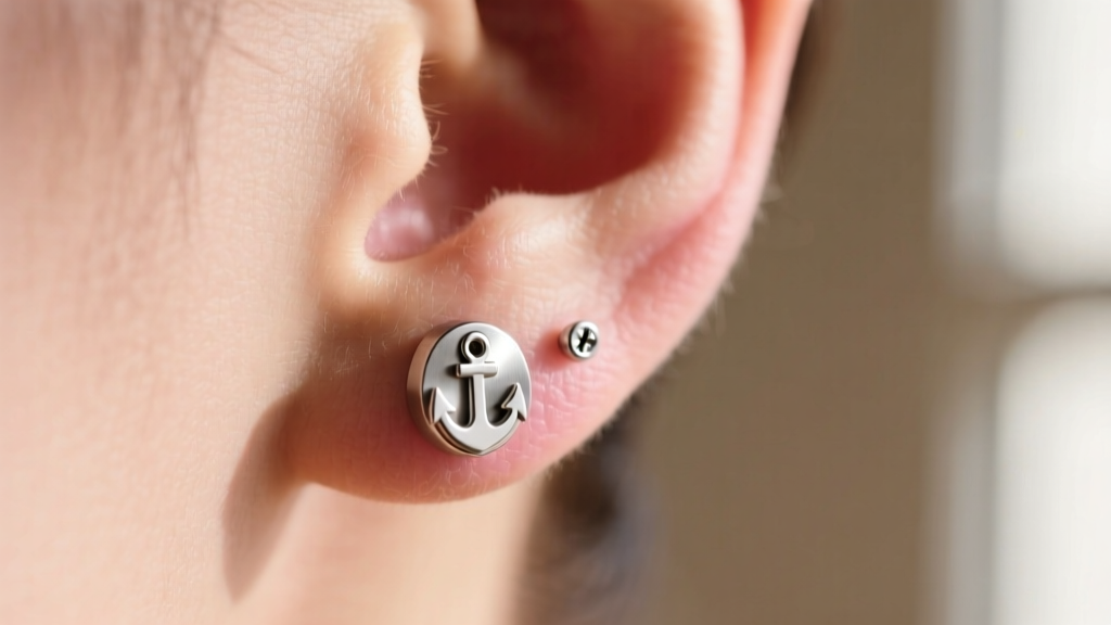 Side profile of a threadless titanium anchor stud earring fastened in a cartilage piercing with a smooth flat-back disc