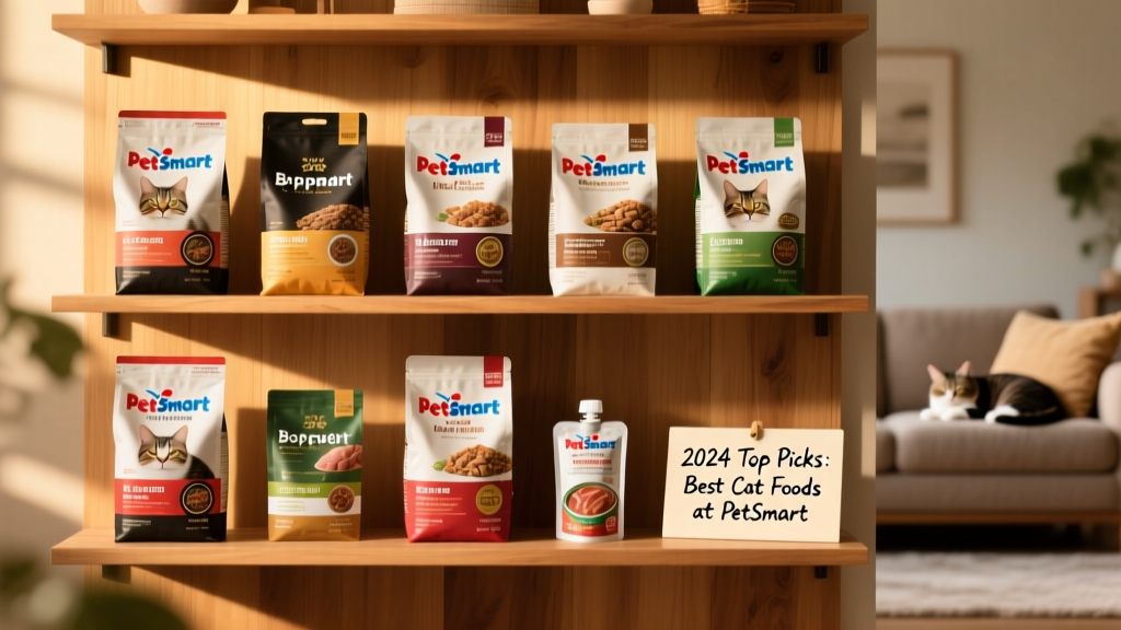 Shelf of premium cat food bags at PetSmart, including dry kibble and wet food pouches