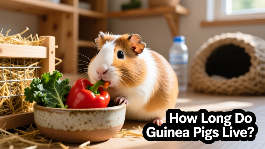 A guinea pig eating fresh bell peppers and kale from a ceramic food bowl beside a hay rack