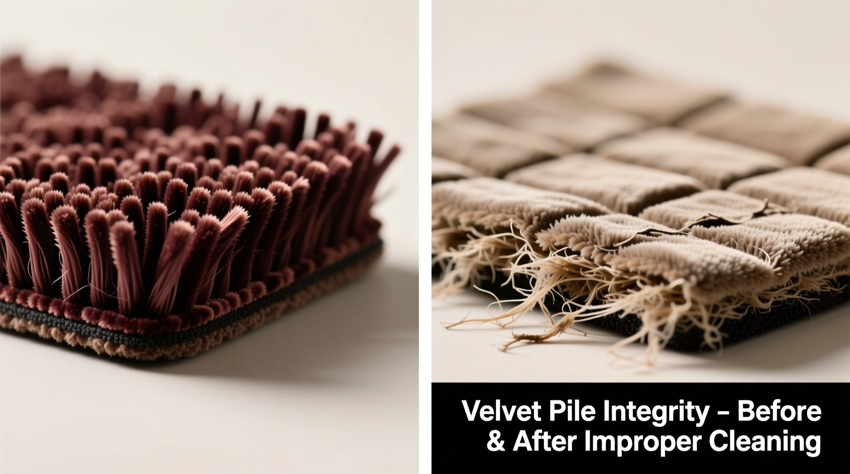 Side-by-side macro photography showing intact velvet pile on left versus crushed, matted pile on right after improper cleaning—highlighting visible fiber distortion and loss of loft