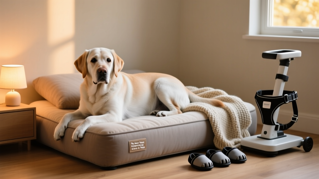 A gentle senior dog resting on an orthopedic heated bed beside a nightlight and soft blanket, with a lift harness and gripping booties neatly placed nearby