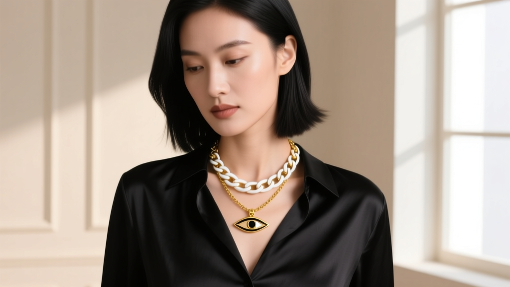 Fashion portrait of a woman layering a delicate gold Eye of Horus necklace with a chunky white gold chain over a dark silk blouse