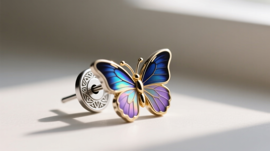 Side profile macro view of a butterfly earring post and clutch, showing the surgical steel pin and stamped metal backing.