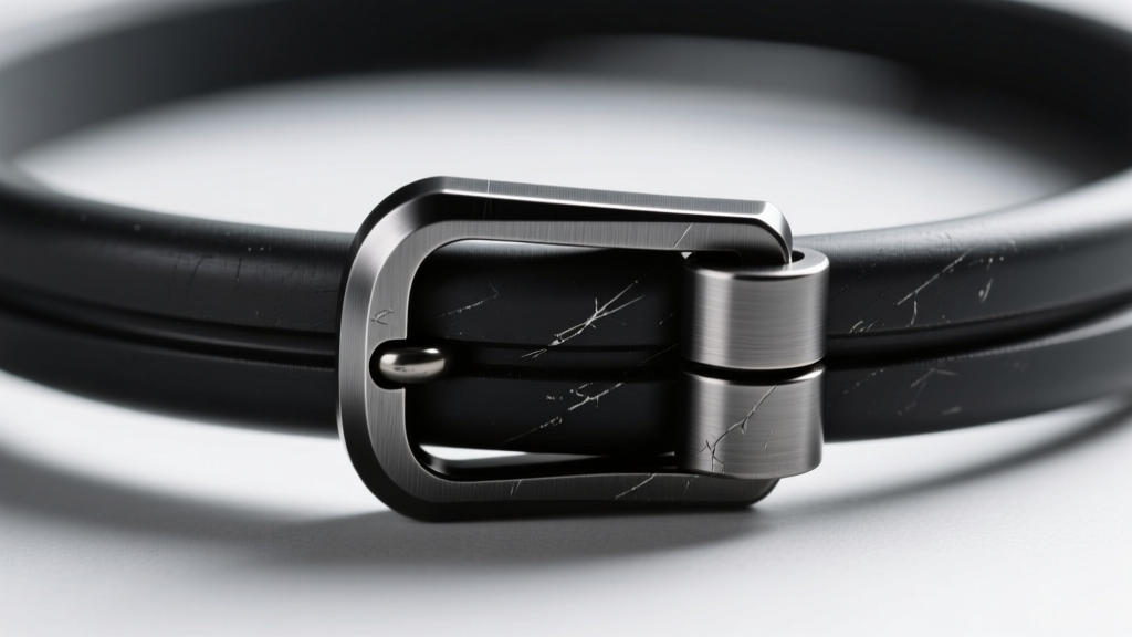 Extreme macro photography of a seamless blackened titanium bayonet clasp on a 3mm vulcanized rubber choker, showing matte texture