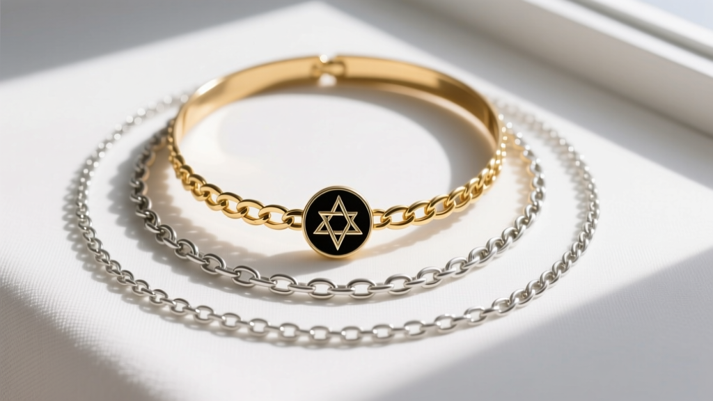 Flat lay of a layered necklace stack with a delicate gold choker, a mid-length lucifer sigil pendant, and a long silver chain.