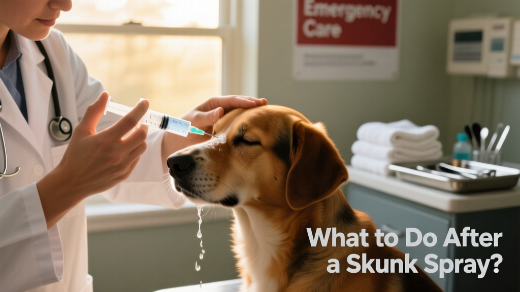 Veterinarian gently rinsing a dog's eyes with saline solution during emergency care