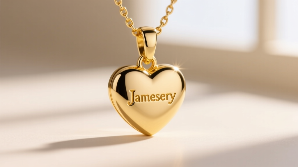 Macro shot of a 14k yellow gold James Avery petite heart pendant, highlighting the high polish and engraved hallmark.
