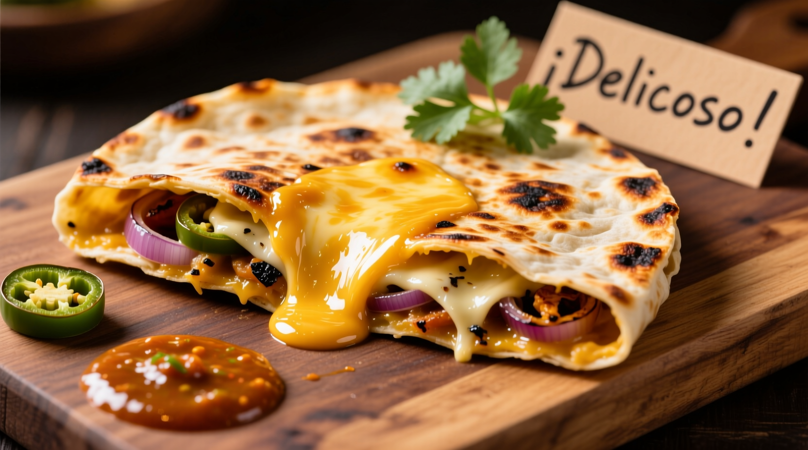 Perfectly golden quesadilla with melted cheese oozing out