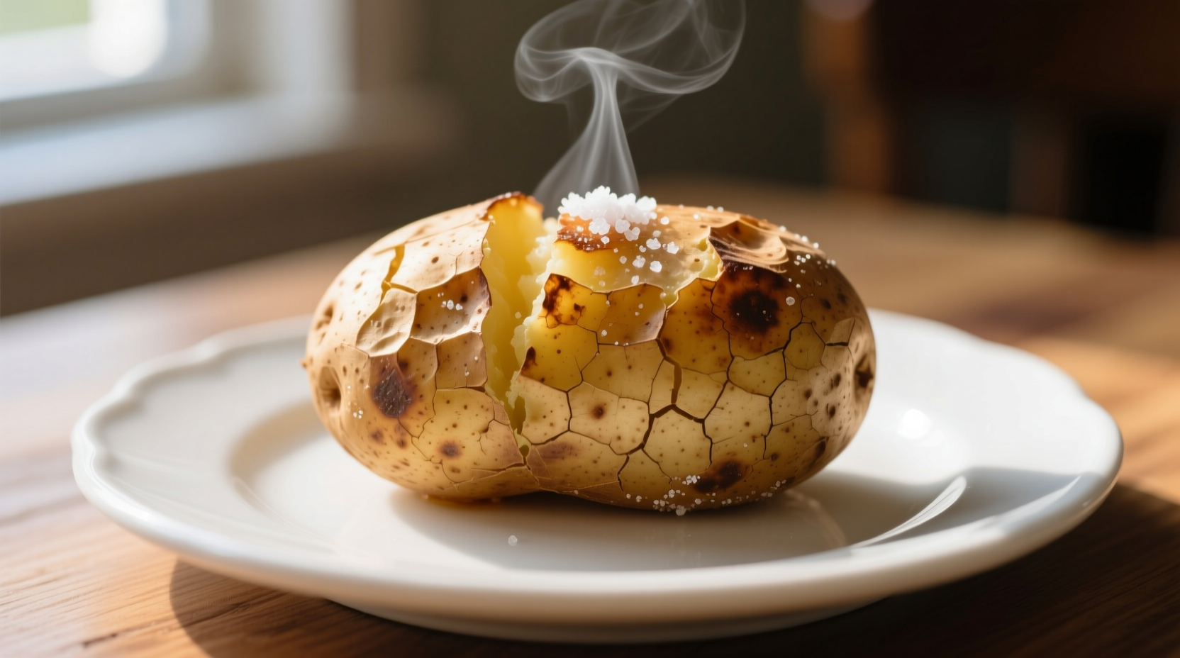 Medium baked potato with skin on a white plate