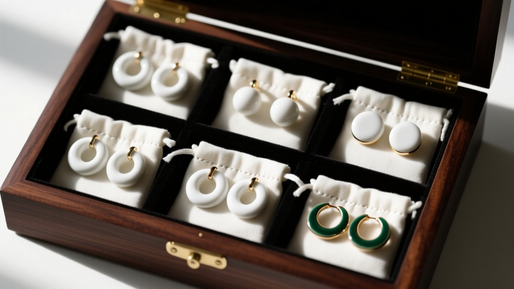 Overhead view of white ceramic and enamel hoop earrings stored in anti-tarnish velvet pouches inside a dark wooden jewelry box.