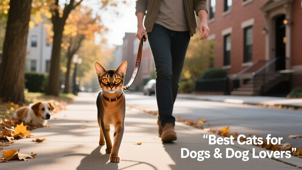 An Abyssinian cat walking confidently on a leash beside its owner on a tree-lined sidewalk