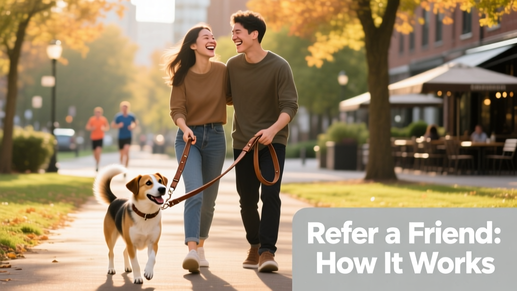 Two friends smiling while holding leashes, with a happy dog between them
