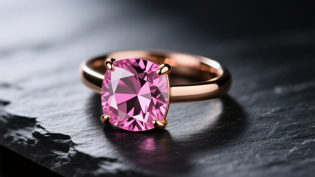 Close-up of a 2-carat unheated Mahenge pink spinel set in a rose gold bezel ring, resting on dark slate with soft directional lighting.