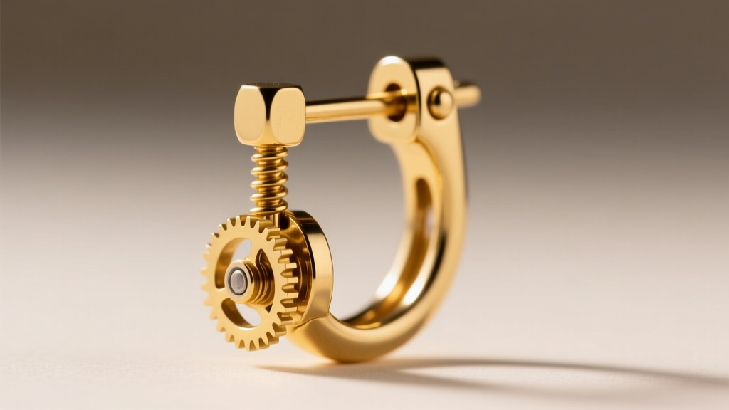 Close-up of La Pousette locking earring clutch engaged on a thick gold post, demonstrating secure mechanics for heavy drop earrings