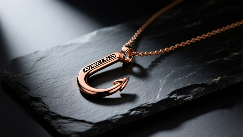 Silicon bronze hook pendant resembling an RS3 brawlers hook necklace resting on dark slate stone with moody directional lighting.