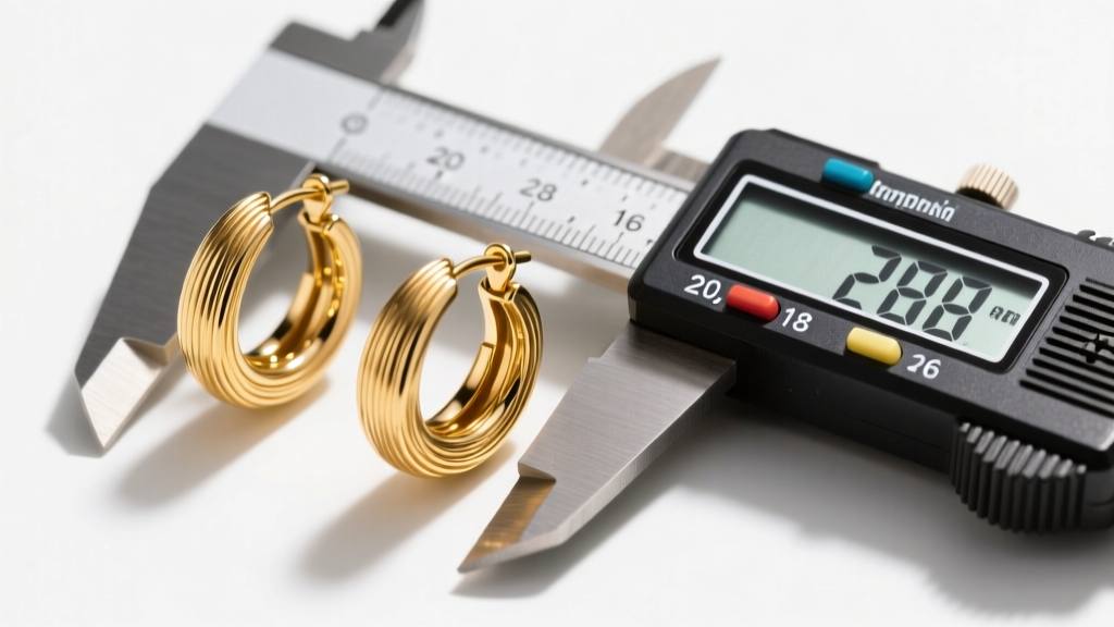 Three gold loop earrings on a digital caliper, showing 20, 18, and 16-gauge wire cross-sections under bright studio lighting.