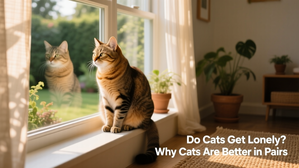 A relaxed adult cat sitting beside a window perch, gazing outside