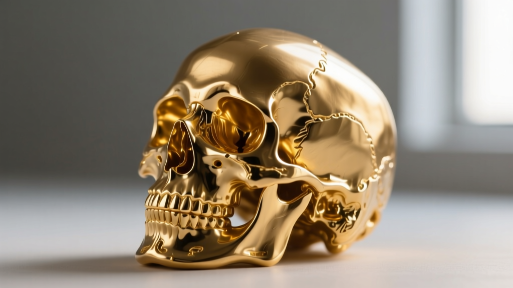 Close-up of a raw 14k gold skull casting sprue on a jeweler's bench, with digital calipers measuring the earring post gauge