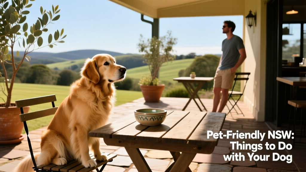 A golden retriever sitting calmly beside a table at an outdoor café with a water bowl and owner nearby
