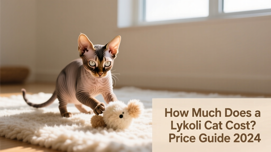 A healthy Lykoi kitten playing with a soft toy on a clean, sunlit rug—highlighting its expressive eyes and textured coat