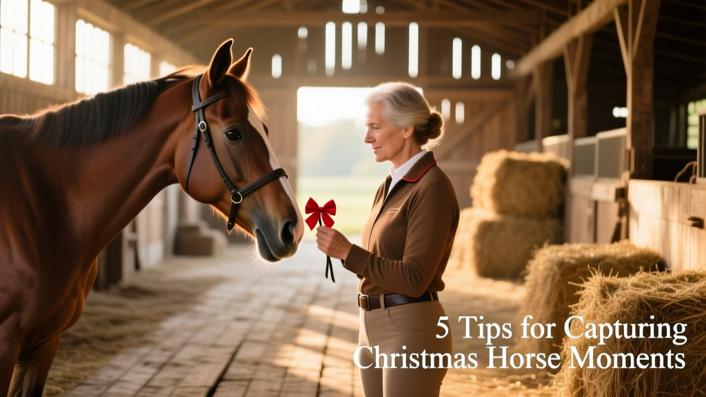 Trainer calmly holding a small red bow near a curious horse’s nose in an open barn aisle, both relaxed and engaged