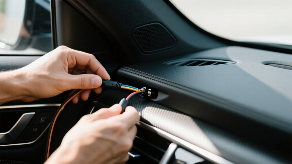 Hands routing a low-profile dash cam power cable behind a vehicle A-pillar trim, carefully avoiding the side curtain airbag deployment zone