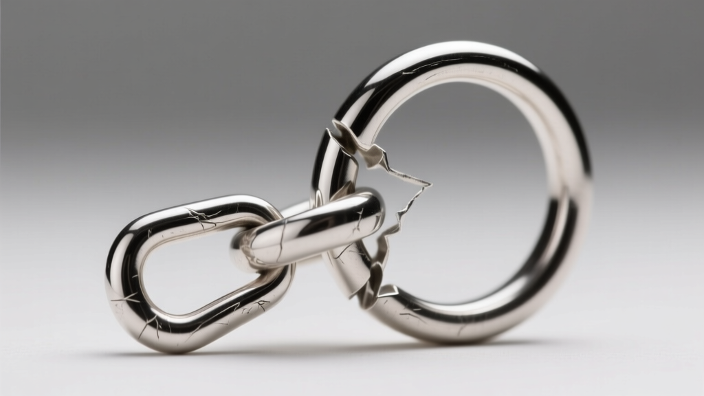 Macro photo of a sterling silver toggle clasp slipping from its ring, showing a common jewelry failure mode due to improper sizing