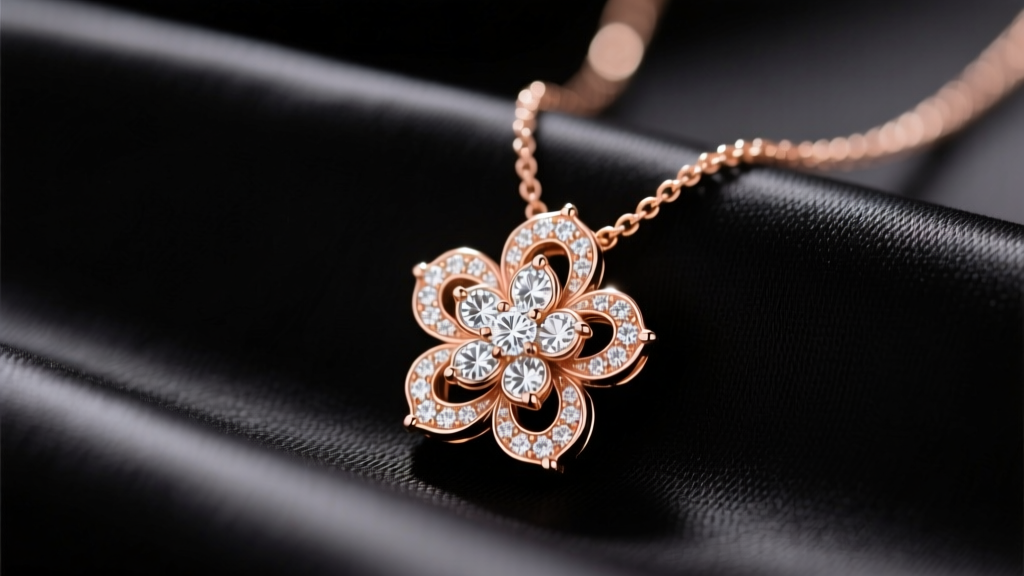 Close-up of an 18k rose gold Roberto Coin Princess Flower necklace pendant resting on dark silk, highlighting the diamond pavé.