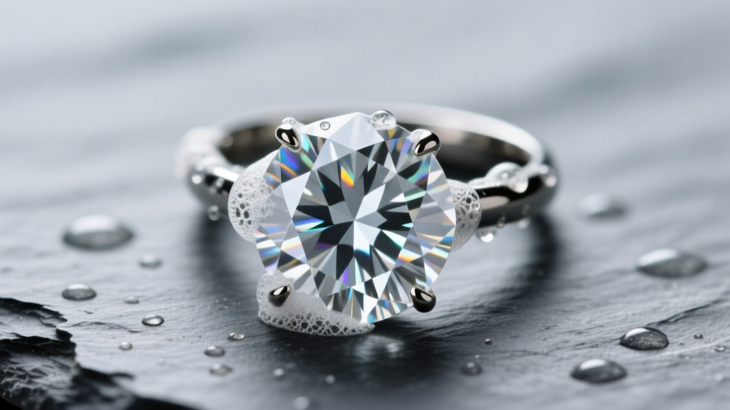 Macro view of a cloudy lab grown diamond ring on slate, lit to reveal soap scum and hard water spots on the crown facets