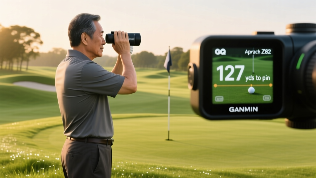 A dad on a lush green golf course looking through a Garmin Approach Z82 rangefinder, with a digital overlay showing the distance to the pin.