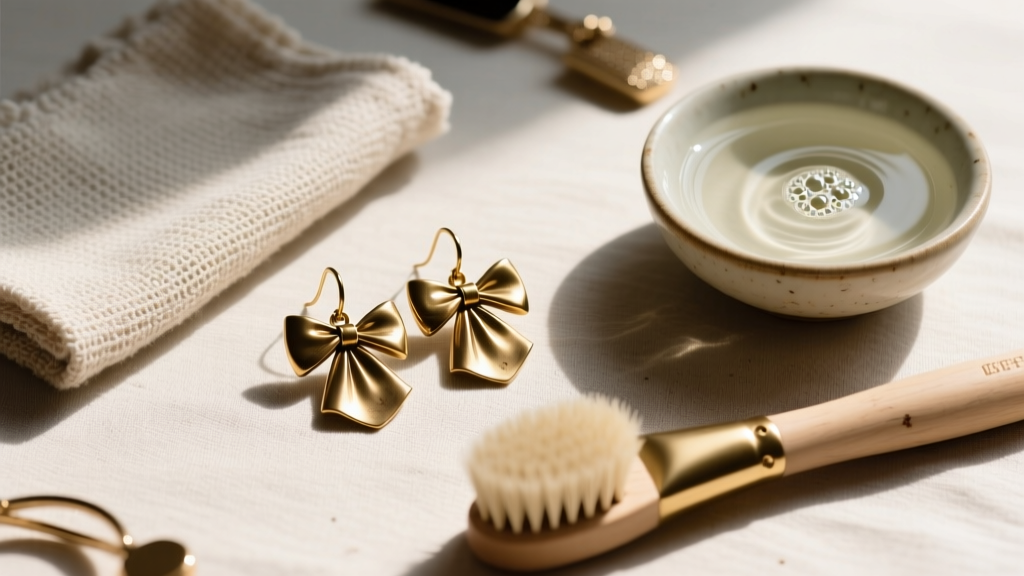 Overhead flat-lay of tarnished brass bow drop earrings next to a polishing cloth, a soft-bristle brush, and a small bowl of mild soapy water