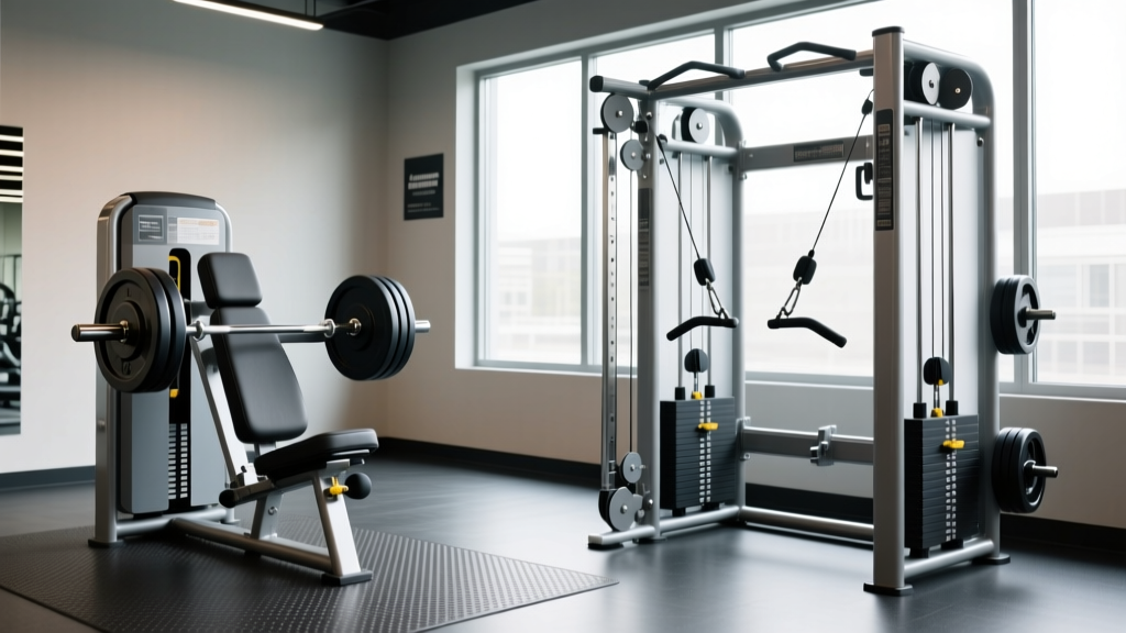 Side-by-side comparison of a seated plate-loaded abdominal crunch machine and a dual-cable functional trainer station in a commercial gym.