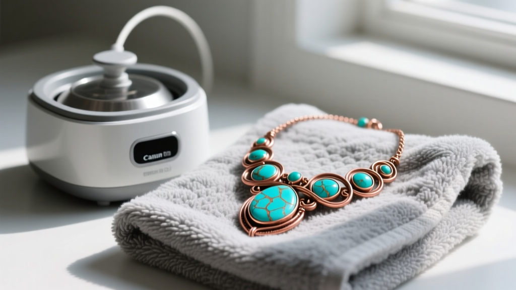 Ultrasonic cleaner beside a polished handmade copper and turquoise pendant necklace resting on a soft gray microfiber towel.