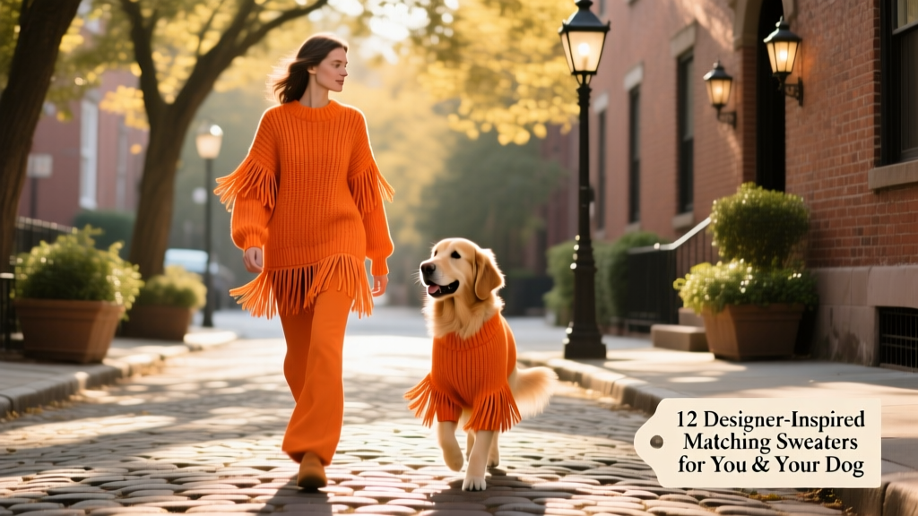 A stylish person in an orange fringe sweater and their golden retriever in a matching orange fringe dog sweater, walking down a sun-dappled street