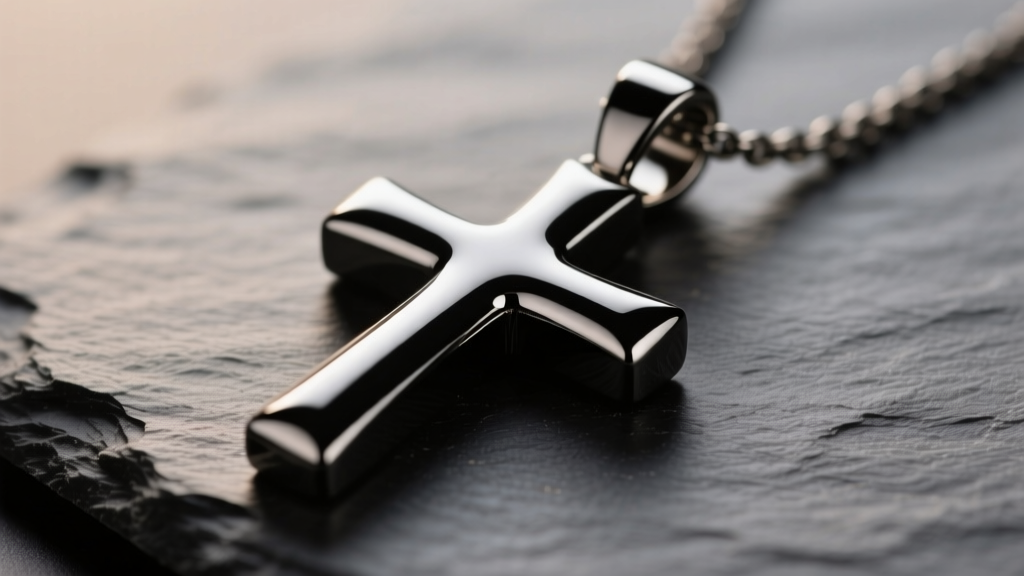 Close-up of a black stainless steel cross pendant on dark slate, showing the smooth PVD coating under soft, warm studio lighting