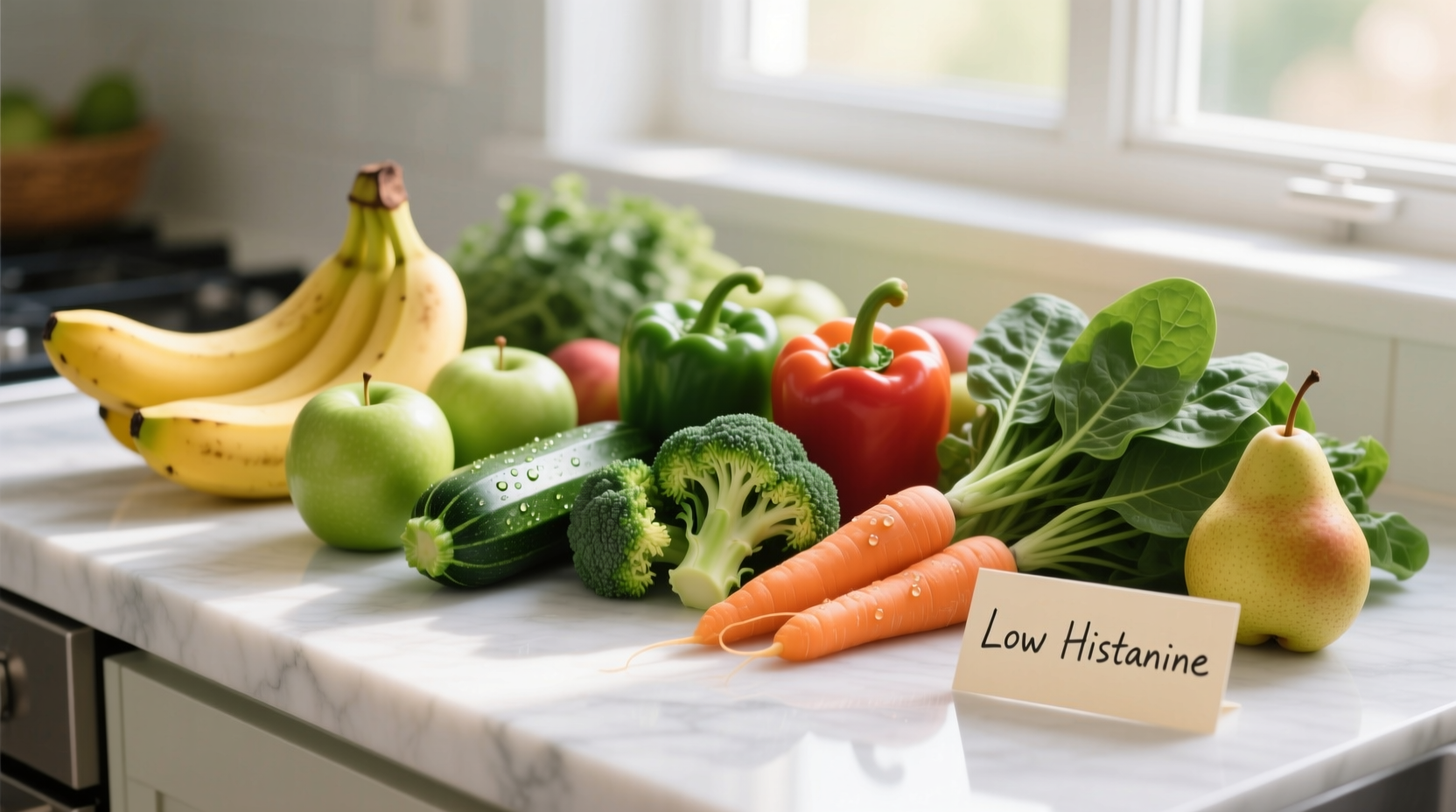 Fresh vegetables and fruits arranged for low histamine diet