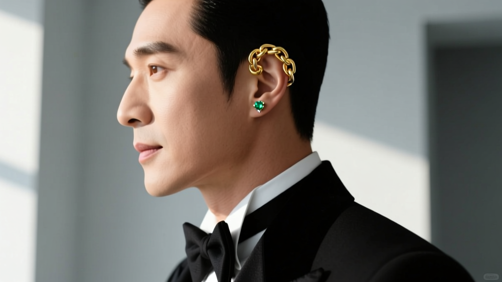 Side profile of a man in a tuxedo wearing an 18k yellow gold chain-link ear cuff and a small emerald-cut diamond lobe stud