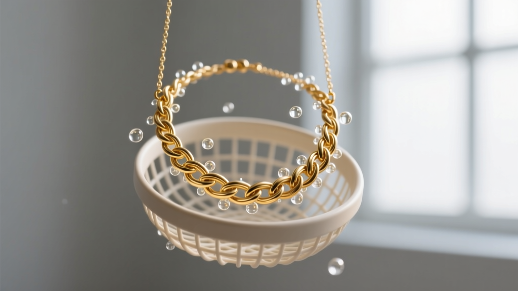 Ultrasonic cleaner basket holding a gold vermeil thatch necklace, showing small cavitation bubbles forming around the woven links