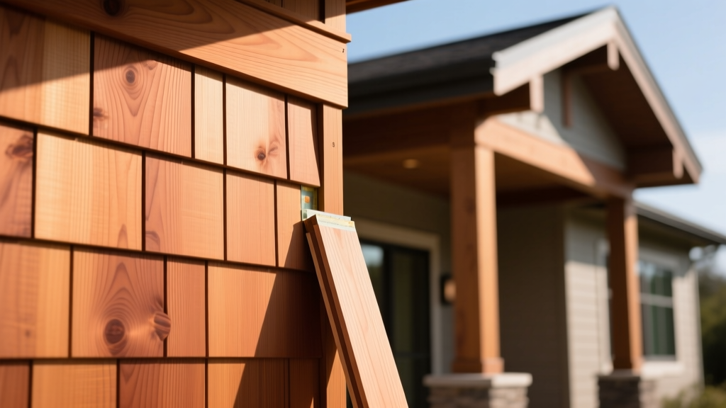 Close-up of Western Red cedar siding boards with a clear finish being installed on a modern craftsman home exterior in natural daylight