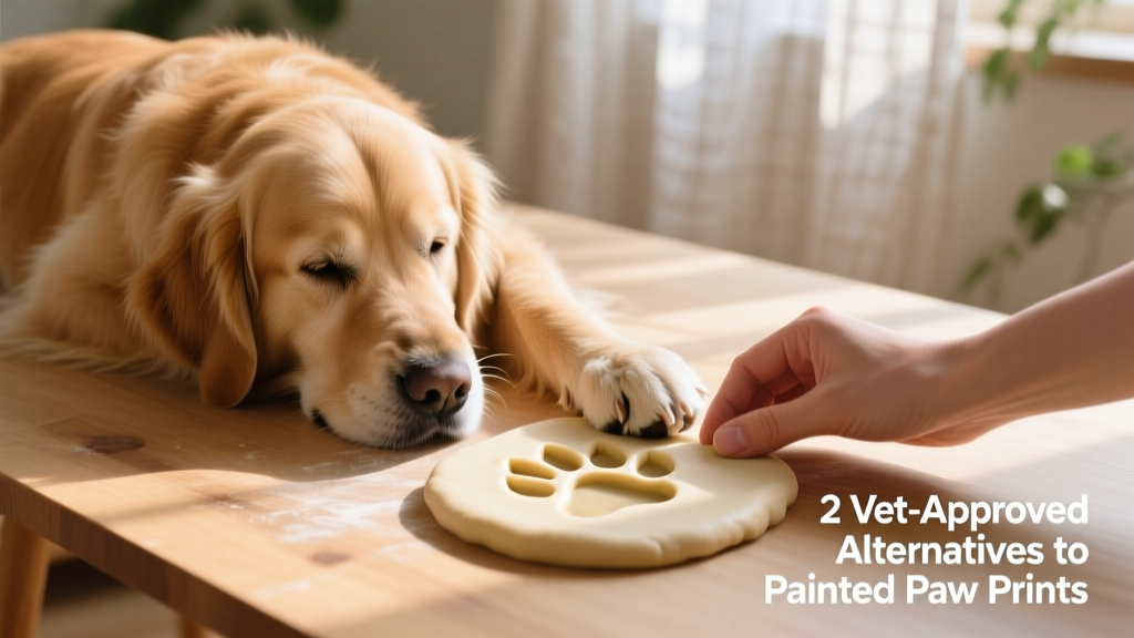 A calm dog resting while a person gently presses its paw onto soft, pliable modeling dough on a clean surface