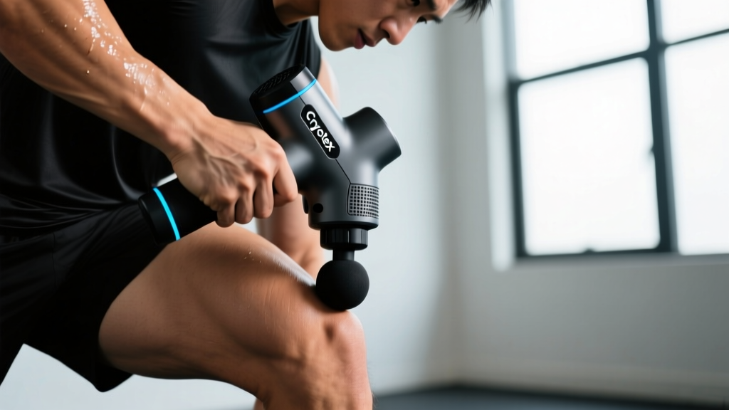 Tester pressing the Cryotex massage gun into a quad to demonstrate the 35-pound stall force threshold without motor stopping